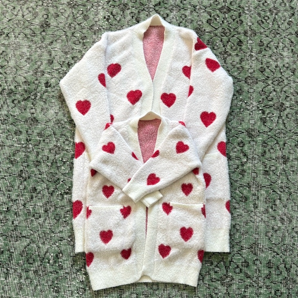 Heart Patterned White and Red Cardigan